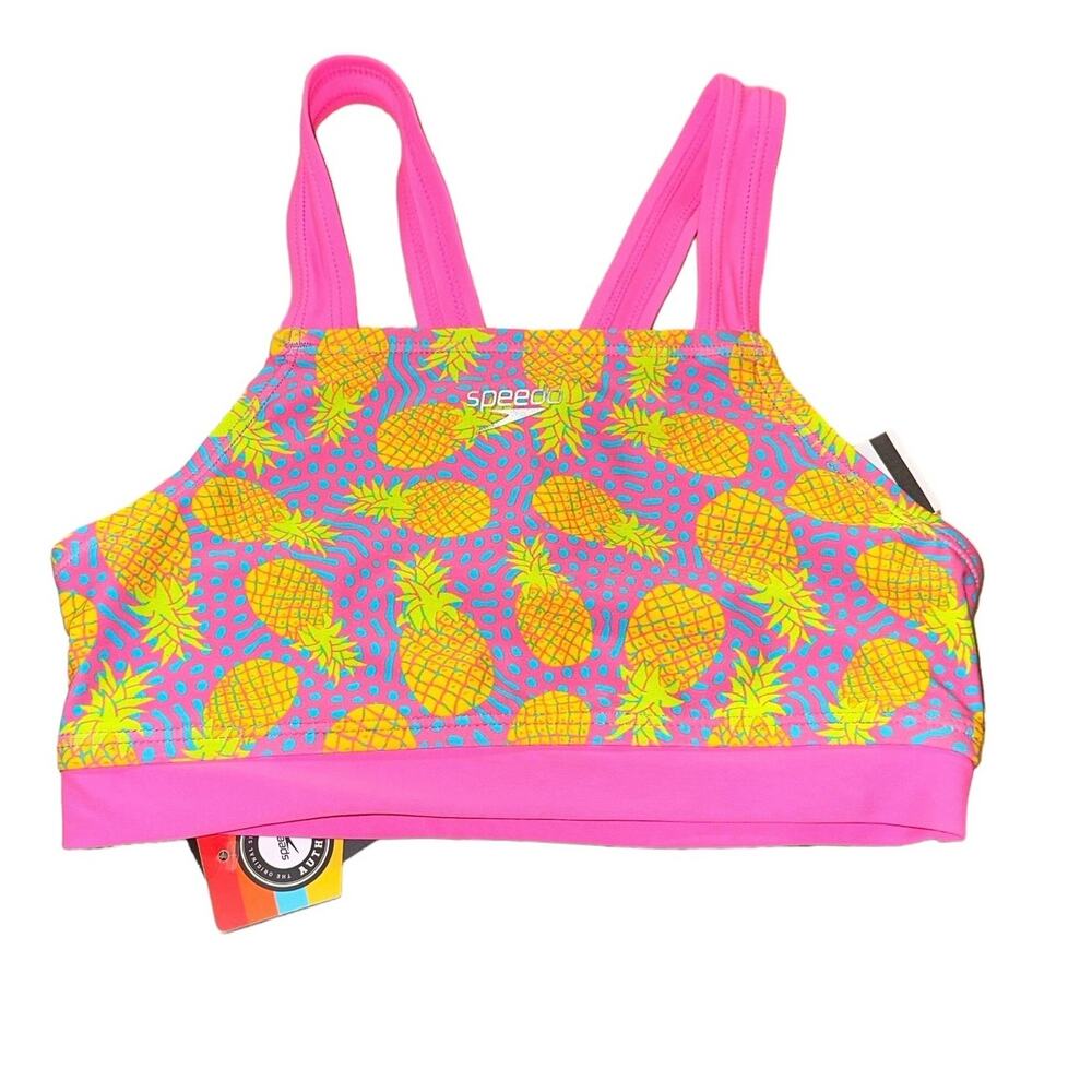 NWT Speedo Girls Bikini Top Large Pineapple Print Pink Athletic Swim Top